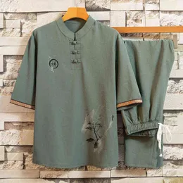 夏の新しいカジュアルな半袖シャツメンズ中国風の綿のリネンシャツ+ズボンセット男性Tシャツトラックスーツ服G1222