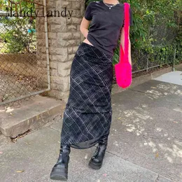 マンデルアンジランディレディー原宿ストリートウェアロングボディコンスカート女性エレガントなメッシュチェック柄ハイウエストスカートx0522