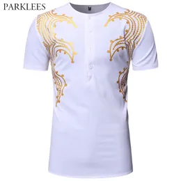 Luxury Metallic African Floral Printed Men's Short Sleeve Tshirt Gold Dashiki T-Shirts for Men Casual Plus Size Mens Clothing 210524