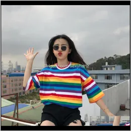 Tops Tees Clothing Apparel Drop Delivery 2021 Sweet Rainbow Stripe Print Fashion Short Sleeve Tshirt Oneck Womens Sn07E
