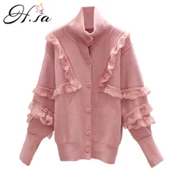 H.SA Mulheres Primavera e Korean Knit Cardigans Ruffles Sweater Bonito Tops Lace Single Sleeers 210417