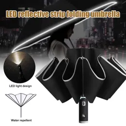 3 dobra REVERSA AUTOMÁTICO AUTOMÁTICO Carrinho Clear Chuva Mulheres Parasol LED luz reflexiva Folding Sunny DTT 210626