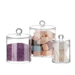 3pcs / set Förvaringslåda Badrums arrangör Kosmetisk förvaring Box Acrylic Clear Jar Bomull Boll Qtip Holder Canisters med lock 210330