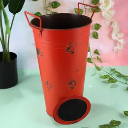 Dekorativa Blommor Kransar Rustik Iron Bucket Med Blackboard Torkad Blomma Container Dekoration PoGraphy PROPS (röd)