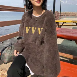 21SS Marka Yünlü Gevşek Kadın Sweaters Yüksek Kaliteli Yeni Kış Kadın Kazak Ceket Yuvarlak Boyun Kız Yün