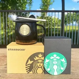 414ml Starbucks Cup Luxury Kiss Cups med lock och sked Keramikmuggar Gift Par Anniversary Mermaid Bronze Medaljong Products Gift