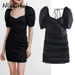 DRES SOLID French Square Collar Pleated Slim Open Back Lace Up Bubble Sleeve Kvinnors Mini Skirt 04 210628