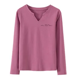 Harajuku Wiosna List Cotton T-shirt Kobiety Casual V-Neck Slim Stretch Długim Rękawem Topy Tee Jesień Tee Koszula FEMME 210604