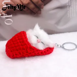 Cute Sleeping Cat Pompon Breloki Dla Kobiet Dziewczyny Handmade Woven Buty Faux Rabbit Fur Kitten Kluczowe Łańcuchy Puszyste Kluczy Car Key G1019