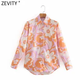 Zevity Women Vintage Color Matching Floral Print Casual Smock Shirts Female Breasted Retro Blouse Chic Chemise Blusa Tops LS9349 210603