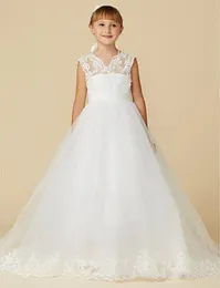 Princesa Tribunal Trem Flower Girl Dress - Lace Tulle sem mangas V Pescoço com apliques / fita / fita