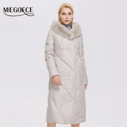 Miegofce 겨울 여성 긴 파카가 우아한 진짜 렉스 토끼 모피 칼라 코튼 자켓 코트 D21628 210923