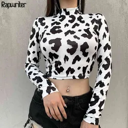 T-shirt da donna skinny tie-dye harajuku slim stampa mucca da latte colletto alla coreana manica lunga sexy crop top tee vestiti di moda rapwriter 210415