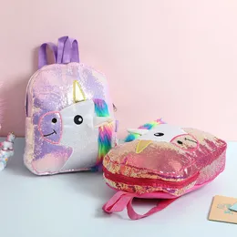 Unicorn Cekiny Plecak Boy Girl Travel Leisure Schoolbag Przedszkole Kreskówka Pluszowa Ramiona Torba