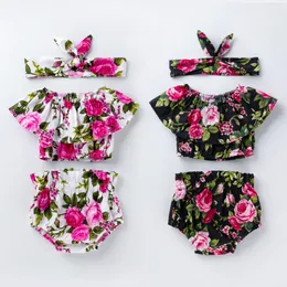barnkläder sätter tjejer blomma ros utskrift kläder spädbarn toddler ruffle av axel toppar + blommiga pp shorts + huvudband 3st / set sommar mode baby kläder