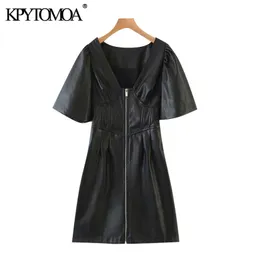 Mulheres Chic Moda Faux Leather Zip-Up Mini Vestido Vintage V Neck Slow Sleeve Sleeve Feminino Vestidos Mujer 210416