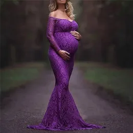 Kläder för gravida kvinnor moderskap spets av axel v nacke lång klänning gown fancy shooting po session rekvisita 210922