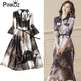 Vintage Drukowane Wyłącz Kołnierz Długie Rękaw MIDI Office Dress for Women Plus Size Szyfonowe Suknie Tropikalne Robe Vestidos 210421