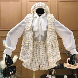 England stil damer 3 stycke kostym höst tweed jacket coat chiffon shirt shorts sätter eleganta outfits för kvinnor matchande set 210514