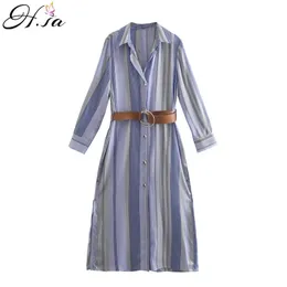 Europejska Moda Kobiety Z Długim Rękawem Striped Straigt Loose Style Belt Maxi Elegancka Kobieta Letnia Dress Party Robe 210430