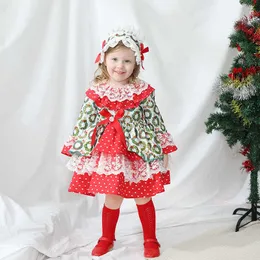 2st Barn Blommor Långärmad Spanien Princess Klänningar Baby Flickor Julår Klä upp Bollkakor + Huvudbonader 210615