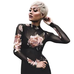 Sexy Women Blouse Sheer Mesh Pink Rose Print Long Sleeve Slim Round Neck Transparent Top Individuality Tunics #YJ Women's Blouses & Shirts