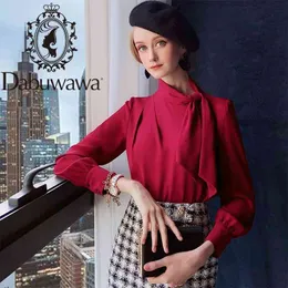 Dabuwawa Christma Vintage Burgundia Bow Tie Neck Solid Bluzka Office Lady Długie Rękaw Eleganckie Koszule Kobiety Slim Fit DT1CST014 210520