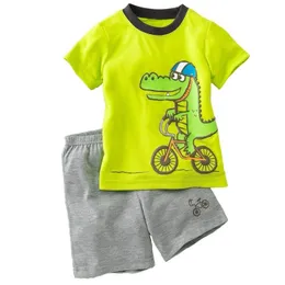 Green Crocodile Baby Boy Clothes Set Bike Children Tee Shirts Pants Suits Kids Outfit 100% Cotton Tops Panties 2 3 4 5 6 7 Years 210413