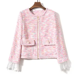 Women Elegant Pink Round Collar Long Sleeve Spliced Lace Zipper Pocket Pearls Tweed Jacket Coat Female Short Wool Outwear 210416