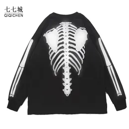 Skeleton Bone Print Sweatshirt Men Reflective Glow Hip Hop Pullover Women Streetwear Harajuku Casual Oversized Punk Hoodies
