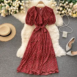 Singreiny Kobiety Lato Retro Kwiatowa Sukienka Francuski V Neck Rękawem Puff Rękawem Lace Up A-Line Dresses Boho Druku Romantyczna Suknia Wakacje 210419