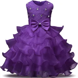 Första nattvardsklänningar med Bow Jewel Neck Sleeveless Princess Party -klänningar Crystal Cupcake Lager Tiered Tulle Flower Girls Dress for Weddings