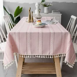 Nordic Christmas Tablecloth Pink Hollow Embroidered Jacquard Striped Rectangle cloth Cotton Linen Dining Cover Decor 211103