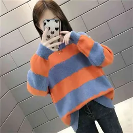 Sweater de pulôver listrado Outono e inverno versão coreana do vento preguiçoso camisa chique solta 210427