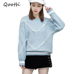 Qooth Women Fashion Pull Sweaters Casual Striped Tassel Jumpers Brev Pullovers Stickade lösa Tröjor QH1778 210518