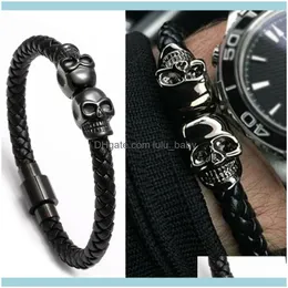 Encanto jóias pulseiras pulseira de caveira homens / couro genuíno / esqueleto / crânio / pulseira homme ímã preto homens jóias pulseras hombre gota