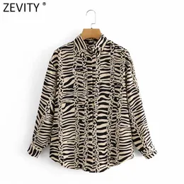 Zevity Women Vintage Chain Patchwork Zebra Striped Print Smock Blouse Office Ladies Breasted Shirts Chic Blusas Tops LS7452 210603