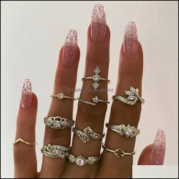 Zespół Pierścionki Biżuteria S5 Moda Knuckle Ring Set Hollow Out Rhinstone Flower Stacking 11pcs / Set Drop Dostawa 2021 Jzayh