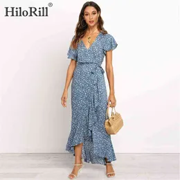 Hilorill Sommer Lange Maxi Kleid Frauen Casual Boho Blumendruck Strand Kleid Sexy V-ausschnitt Rüschen Bodycon Wrap High Slit Party Kleid 210630