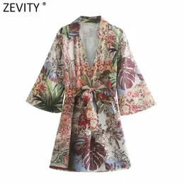 Zevity Women Vintage Tropical Floral Print Long Kimono Smock Blouse Femme Casual Summer Bow Sashes Shirt Roupas Chic Tops LS9412 210603
