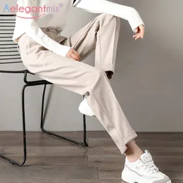 Aelegantmis Pantaloni di lana morbida di alta qualità Pantaloni da donna in vita da donna neri di farina d'avena Pantaloni casual Capris affusolati Donna 210607