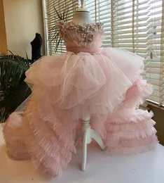 贅沢なピンクの真珠の花の女の子の女の子のドレスのためのウェディングの高い低いフリルのビーズアップリケ赤ちゃんの誕生日パーティードレス女の子のページェントボールガウン子供服