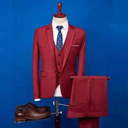 2020 Red Men's Suit 3 stycken Set En-knapp Flat Slim Fit Casual Tuxedos För Bröllop Prom (Jacka + Byxor + Vest) Kostym Homme X0909