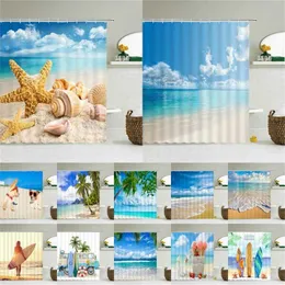 3Dビーチの風景シャワーカーテン海オーシャン地中海風呂の防水布の装飾180 * 240cmのお風呂211119