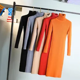 Fritidsklänningar Stickad tröja Klänning Kvinnor 2021 Höst Vinter Varm Långärmad Smal Bodycon Turtleneck Cashmere Lady Pullover Tröjor