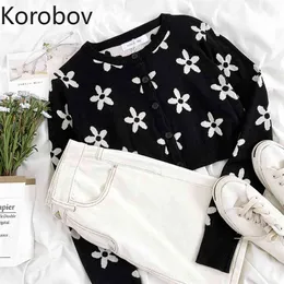 Korobov New Chic O Neck Mulheres Blusas Estilo Preppy Hit Color Patchwork Sweater Knit Manga Longa Flower Seter Mujer 210430