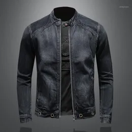 Kurtki męskie stójka motocyklowe jeansy dla motocyklistów Patchwork Denim Man Slim Fit Streetwear kurtka vintage wiosenny płaszcz