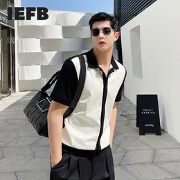 IEFB Spring Summer Ins Korean Trend Temperament Knitted Patchwork PU Leather Black And White Short Sleeve Shirts 9Y7557 210524