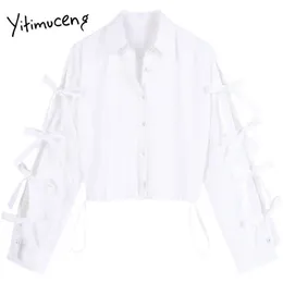 Yitimuceng blusa abotonada con lazo para mujer, camisas blancas informales con cuello vuelto, ropa de moda de verano, Tops para mujer 210601