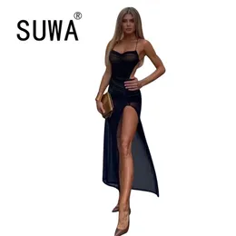 All Black Dress Women Prairie Kurczak Spaghetti Paski Backless Chest Draped Lace Up Side Split Sexy Długie sukienki za darmo 210525